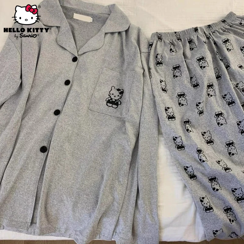

Cute Cartoon Sanrio Hello Kitty Printing Gray Pajamas Women's Spring Autumn Long Sleeve Cardigan Pajamas Household Suit Gifts
