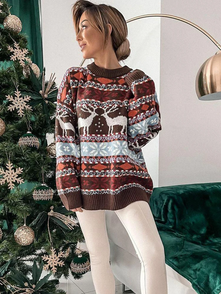 Maglione natalizio da donna, elegante stampa, maglione a maniche lunghe, casual, grafico, girocollo, casual, per Natale, maglione invernale da donna, Colore: rosso, XL