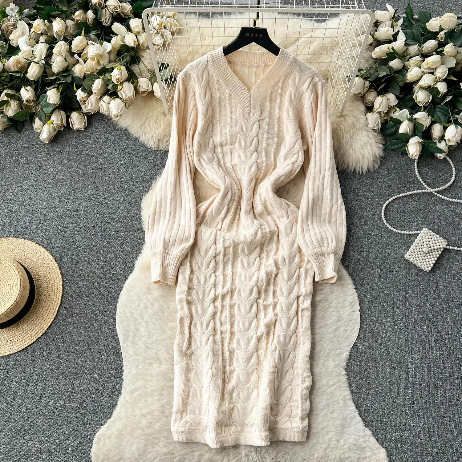 

Women's Fashion Elegant V-neck Long Sleeve Tight Dress Sexy Fashion Knitted Elastic Slim Fit Hip Wrap Sweater