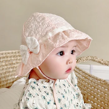 Princess Baby Bow Fisherman Hat Lace Ruffle Girls Sunscreen Basin Cap Thin Summer Toddler Sun Hats 6-18Month Children Visors 1