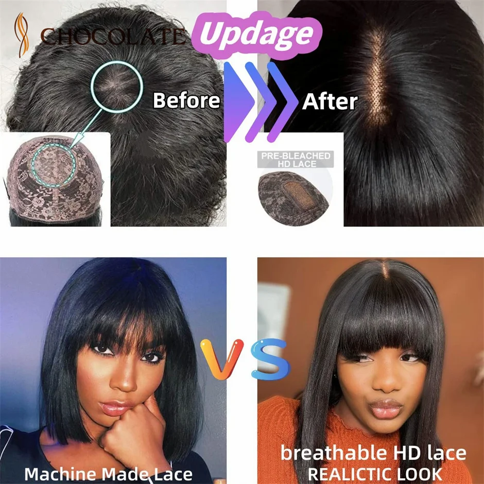 Short Bob Wigs With Bangs 3X1 Lace Human Hair Wigs Realistic Scalp Glueless Straight Bob Wig With Bangs 180% Density