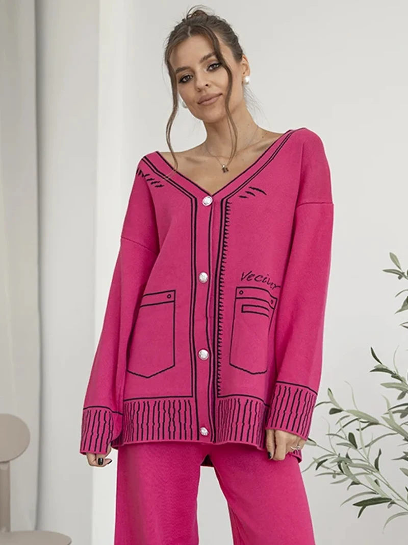 Casual Knit Two Piece Set Handpainted Loungewear Cardigan Pants Knitted Two Piece Women Sets 2 Piece Winter Knit Suit For Women