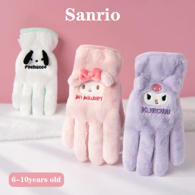 

Kawaii Sanrio Kuromi My Melody Pochacco Cute Cartoon Outside Toys for Kids Cold Riding Thicker Plush Gloves Creative Girls Gift