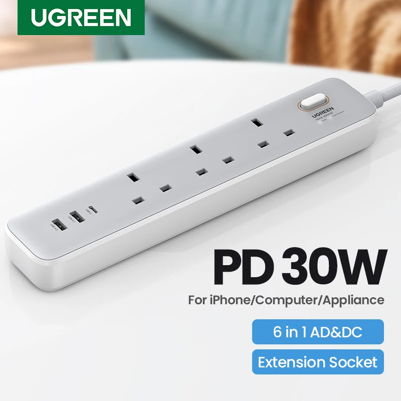 

UGREEN 30W Desktop Charger Power Strip UK Plug Outlet Extension Adapter For iPhone 15 14 Pro Max Xiaomi Wall Fast Charger AD DC