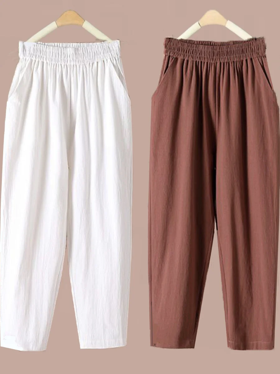Summer 2024 Thin Cotton Linen High Waist Straight Leg Casual Pants Women's Harem Pants Loose Fit Korean Sle Nine Points