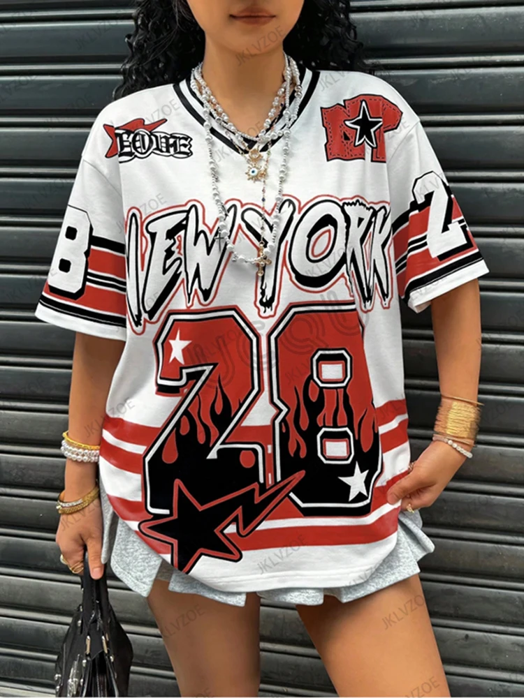 Oversized T-shirt For Women V-Neck Short Sleeve Summer Patchwork New York 28 Print Casual Tees Sports Football Jersey Y2k Tops 5