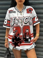 T-shirt surdimensionné pour femmes, col en v, manches courtes, Patchwork, imprimé New York 28, t-shirts décontractés, maillot de sport, de Football, Y2k, été 5