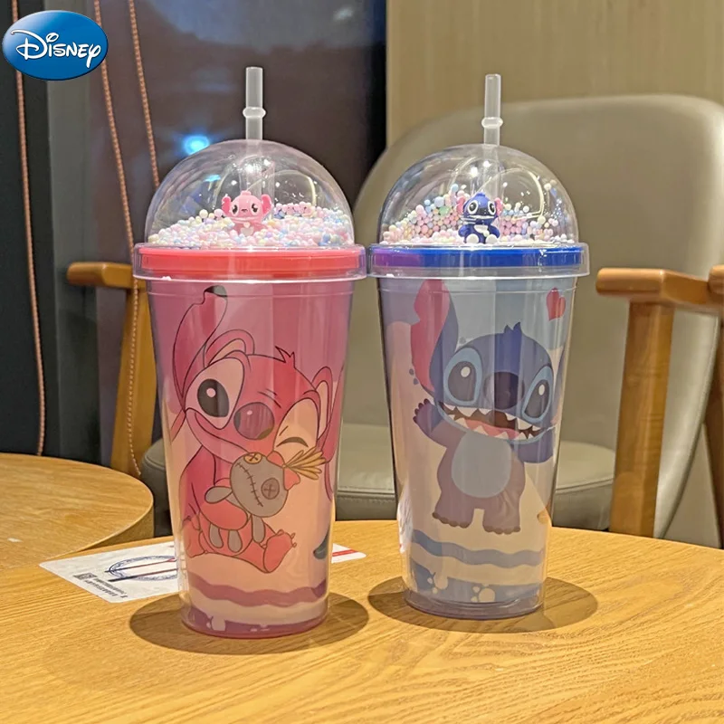 

450ml Disney Stitch Cartoon Double Layer Plastic Water Cup Student Portable Sippy Cup for Boys Girls Cute Anime Straw Cups Gift