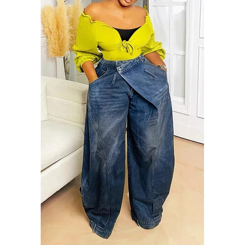 Y2K Women Loose Denim Jeans Asymmetric Button Pocket Washed Jean Casual Harajuku High Street Grunge Denim Trouders Pants 2