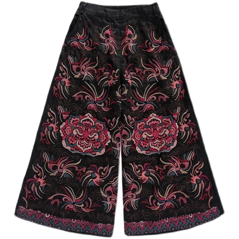 National Style Harajuku Vintage Black Cotton Linen Embroidered Women Wide Leg Trousers Elastic Waist Straight Skirt Pants Casual