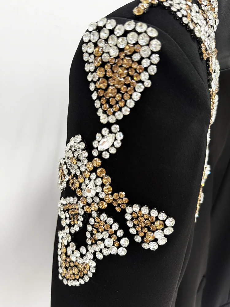 HIGH STREET Newest 2024 Designer Suit Women Beaded Diamonds Stand Collar Single Button Blazer Wide-leg Pants Set 2PCS 6