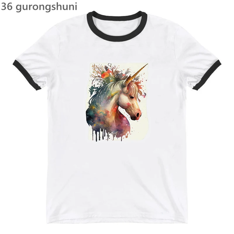 

New Women T-Shirt Watercolor Painting Unicorn Animal Print T-Shirt Femme Fashion Women'S Basic Shirt White O-Neck Tops Wholesale