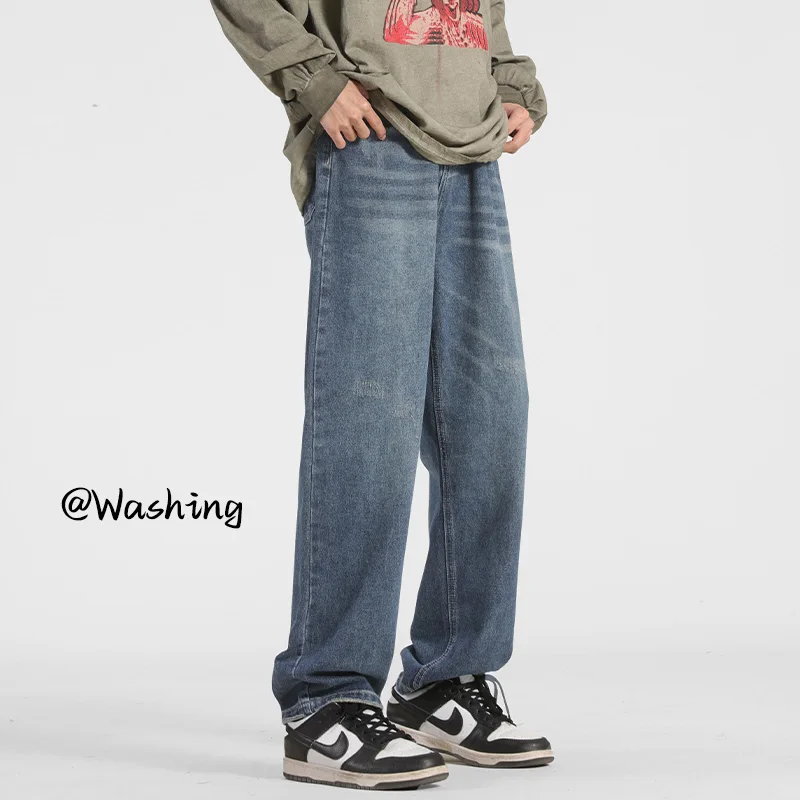 

New European Style Streetwear Men's Jeans Vintage Washed Straight Loose Casual Jeans Men Pocket Letter Embroidery Denim Pants