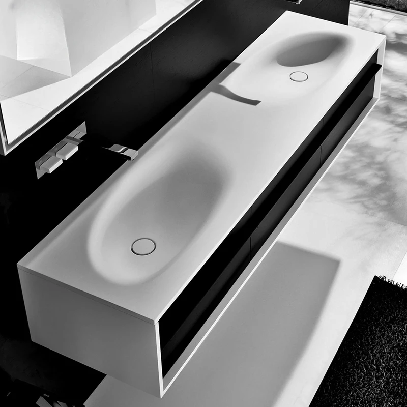 

Double basin, double faucet, DuPont Corinne acrylic wash basin, bathroom cabinet, wash basin, sink, basin, and basin
