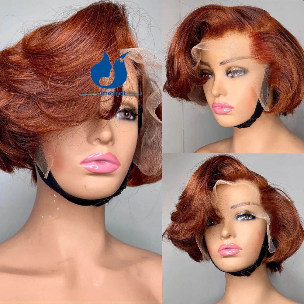 

Short Reddish Brown Pixie Cut Layered Wig with Bangs Human Hair Straight 13X6 Bob Wig with Bangs Human Hair Lace Front wig