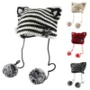 Japan Designer Handmade Pentagram Wool Beanie Y2K Hat Ladies Autumn Spring Warm Cat Ear Knit Stripe Beanie Cap with Pompom 1