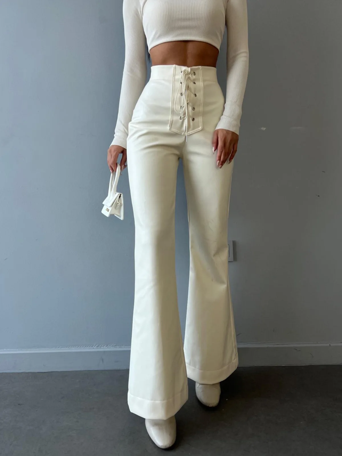 Solid Color Slim Flare Leather Pants For Women 2025 Fashion Vintage Elegant Women's High Waist Pants Female Streetwear Trousers