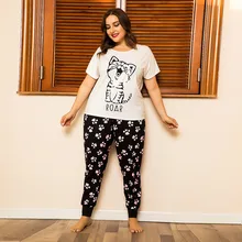 

Plus Size 2pcs Women Viscose Pajamas Short Sleeve & Pants Sleepwear Cute Cat Panda Printed Nightwear Ladies Homewear Loungewear