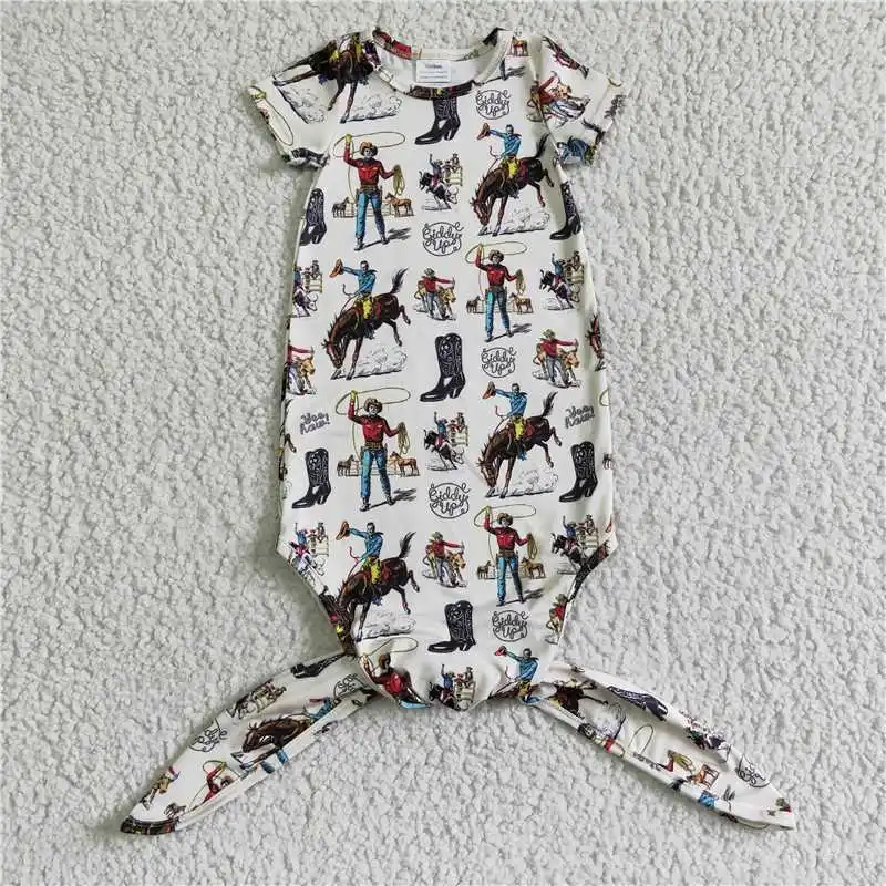 Knotted Newborn Gown Baby Girl Boy Western Rodeo Short Sleeve Soft Clothing Kid One-piece Romper Wholesale Toddler Horse Clothes