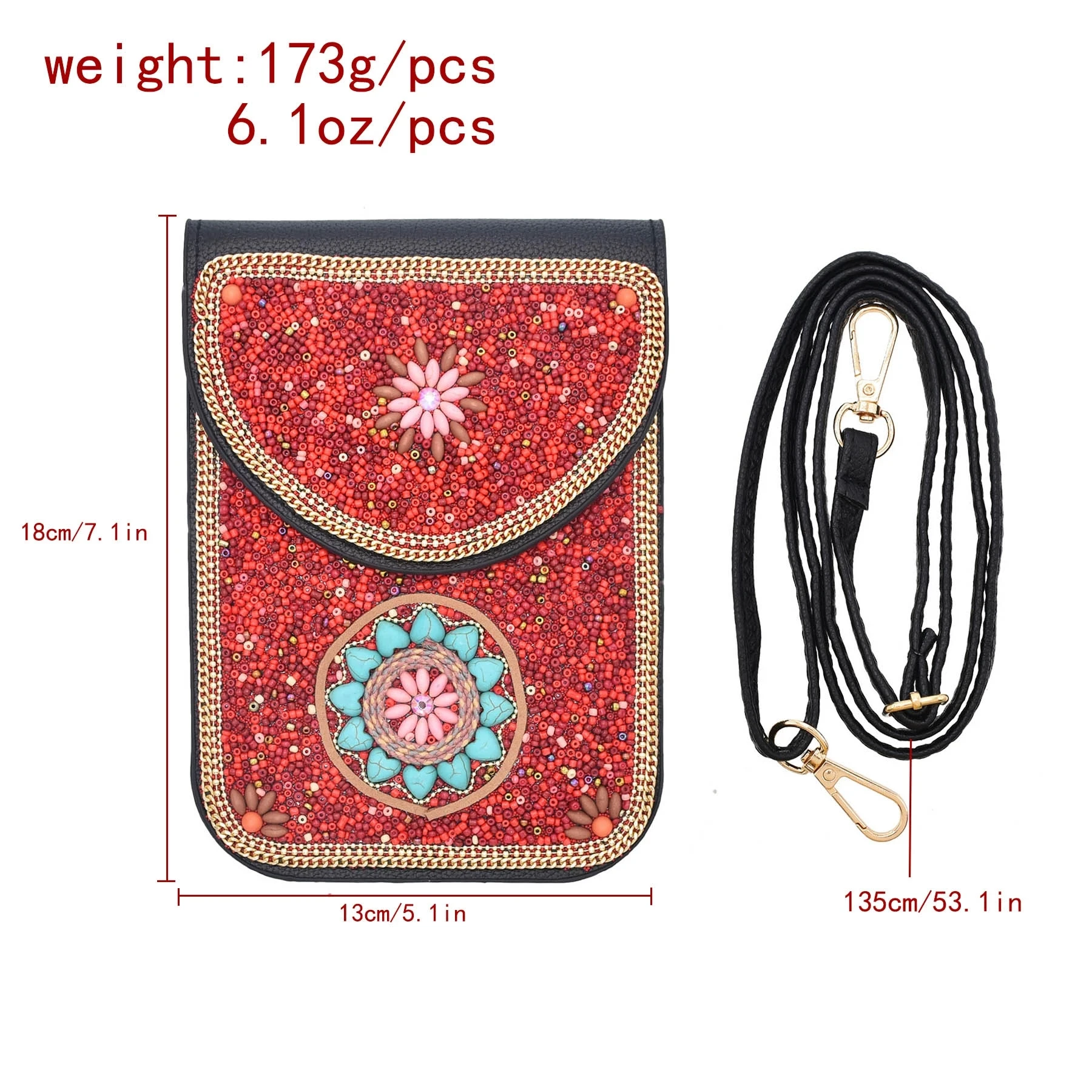 

Bohojewelry Store Red Beaded Turquoise Flower Short Hand Bag Purse Cosmetic Bag for Women Girls party Accessories
