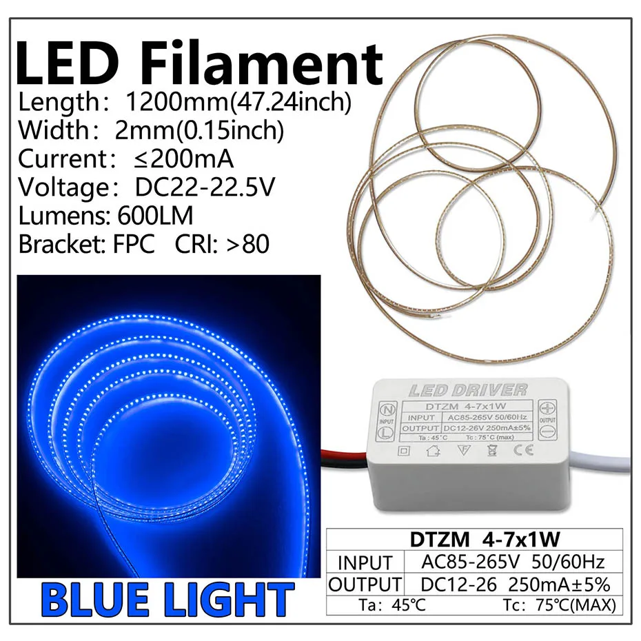 Warmweiß, Blau, Rot, Grün, 1200 mm, LED-Treiber, ein Satz AC220V für Edison-Glühbirnen-Filament, LED-Streifen, Glühlampendiode, flexibles Filament – Detail 3