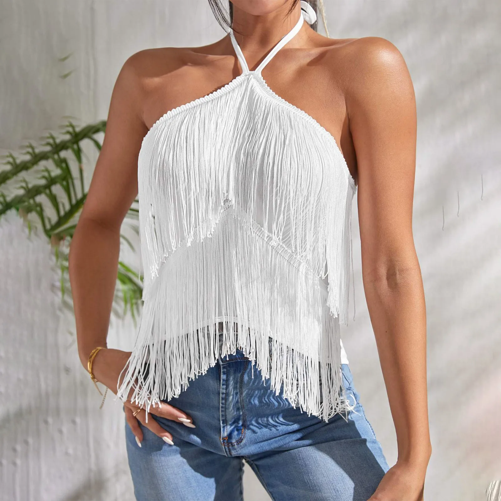 

Women's Tassel Tanks Sleeveless Fringe Trim Hollowed Out Halter Cami Tank Top For Ladies Sexy Y2K Crop Tops Streetwear Clubwear