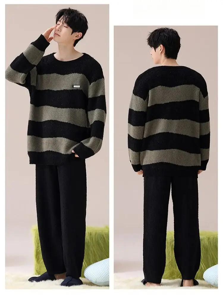 Couple Men Women Autumn Winter Pajamas Velvet Thickened Coral Velvet Fresh Stripes Can Be Worn Out Household Clothing