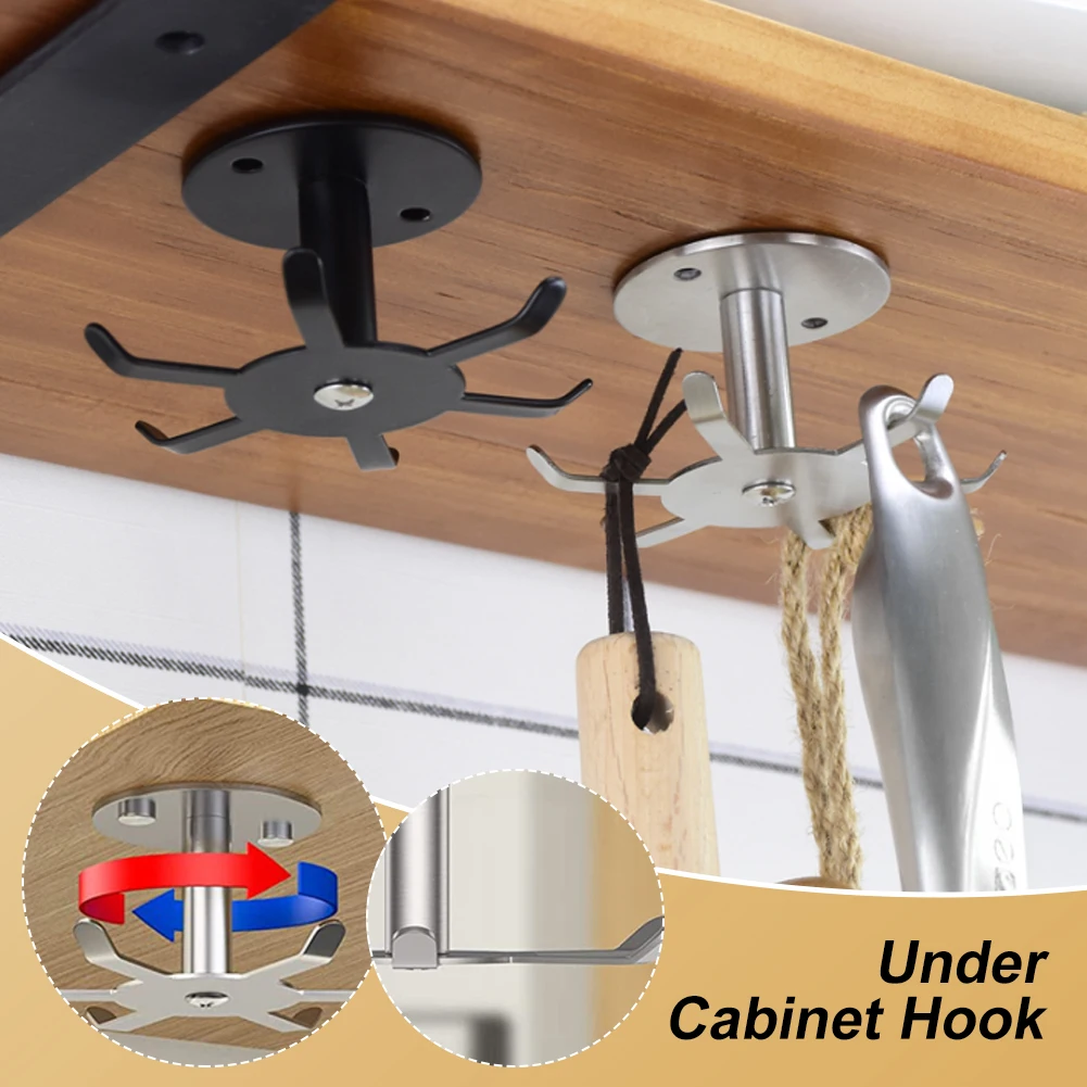 

Under Cabinet Hook Rotating Kitchen Utensil Holder 6 Hooks Stainless Steele Utensil Hanging Rack With Screw For Kitchen Bathroom