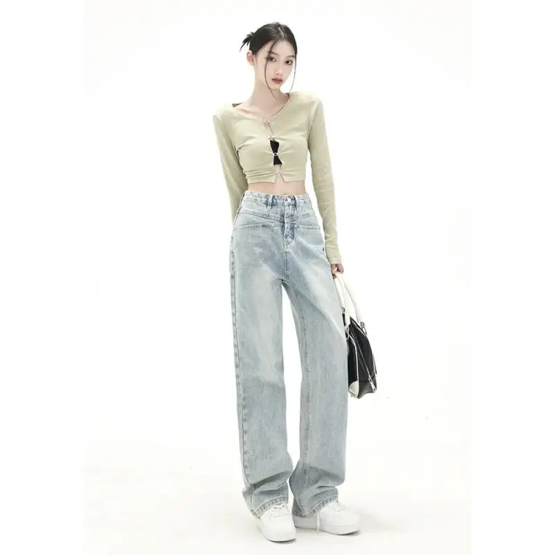 여성용 하이 웨이스트 스트리트웨어 연청 데님 바지, 스트레이트 청바지, 넓은 다리, 느슨한 청바지, 2024
