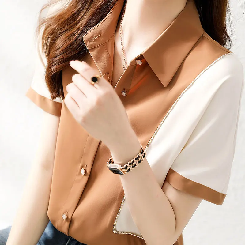 Elegant Fashion Harajuku Slim Fit Female Clothes Casual All Match Outerwear Patchwork POLO Collar Button Short Sleeve Blusa
