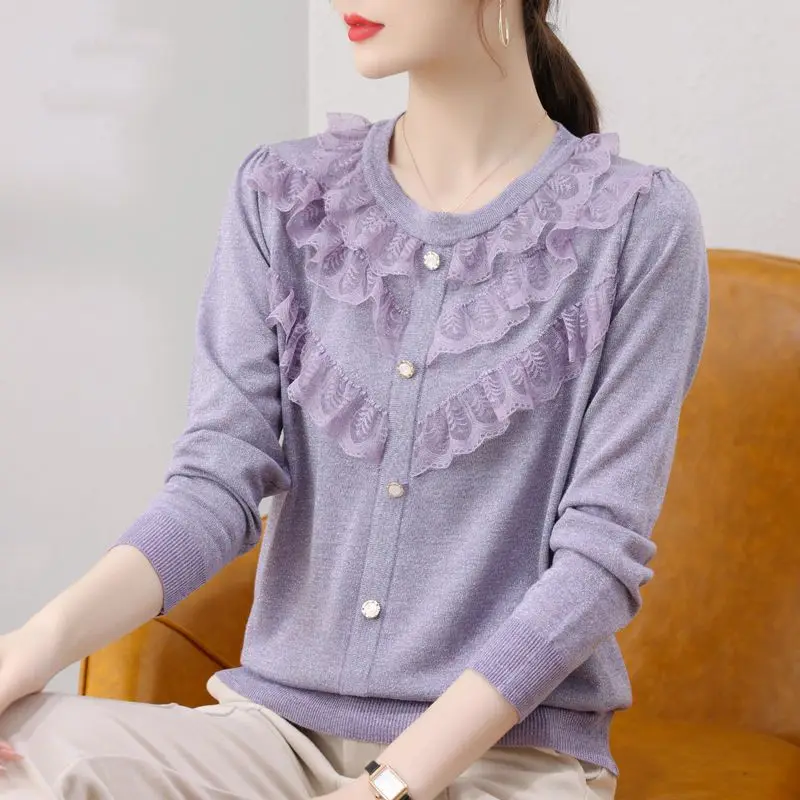 

Women's Clothing 2023 Autumn and Winter New Spliced Buttons Lace Round Neck Long Sleeved Solid Color Casual Temperament Pullover