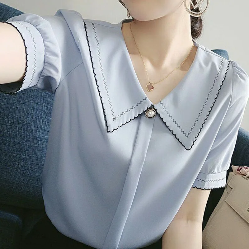 2023 Summer New Women Elegant Fashion Peter Pan Collar Solid All-match Blouses Korean Button Short Sleeve Pullovers Shirt Female