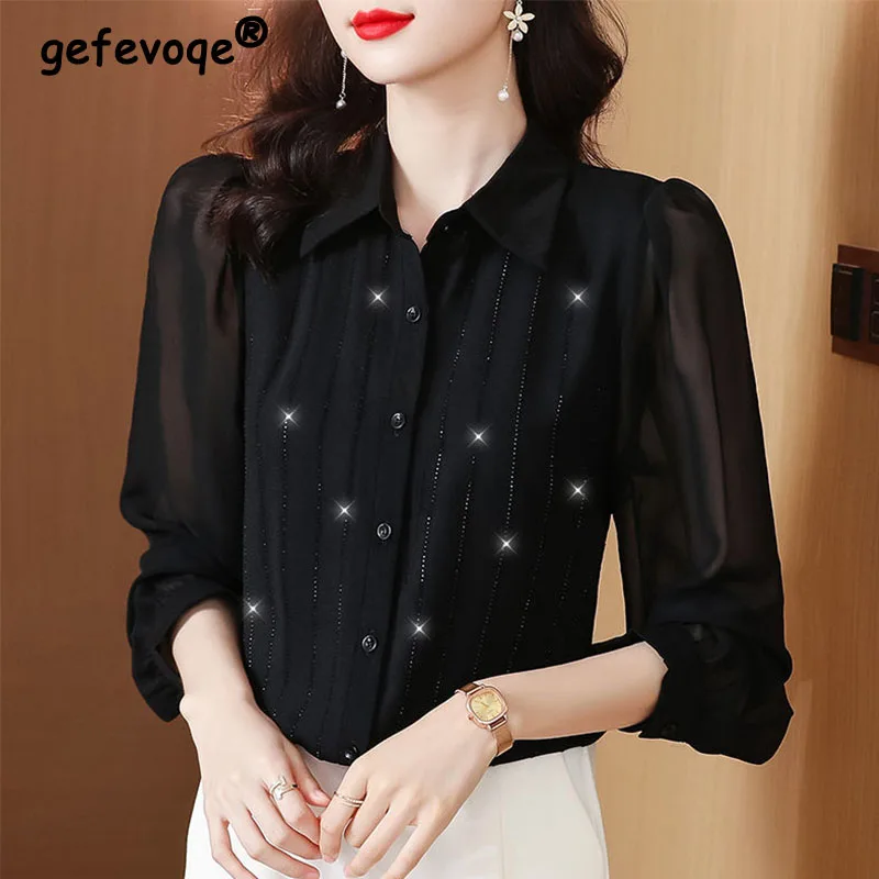 Fashion Female Bright Silk Vintage Button Shirt 2023 Spring New Commuter Elegant Polo-Neck Long Sleeve Solid Women's Blouse heavyweight 100%natural mulberry silk song brocade new chinese green puzzle grid comfortable and elegant commuter top