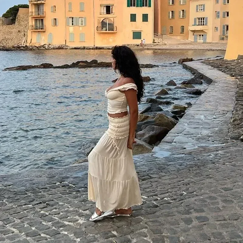 Women 2 Piece Set Outfit Crop Top and Skirt Sets Summer Fashion Outfits for Women Vacation Ruffle Beach Holiday Outfits 2025