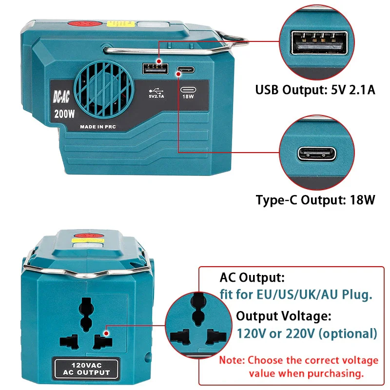200W omvormer voor Makita 18V batterij, DC 18V naar AC 220-230V batterij omvormer, oplader adapter batterij aangedreven stopcontact met 1 USB-poorten & 1 Type-C & 1 AC-uitgang & 280lm LED-werklampen 200W omvormer voor Makita 18V batterij, DC 18V naar AC 220-230V batterij omvormer, oplader adapter batterij aangedreven stopcontact met 1 USB-poorten & 1 Type-C & 1 AC-uitgang & 280lm LED-werklampen