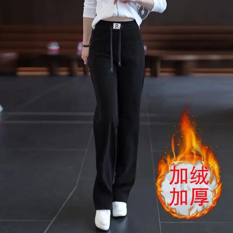 Women's Spring Autumn New Fashion Solid Pocket Drawstring Elastic Strap Casual High Waist Plush Thickened Straight Leg Pants
