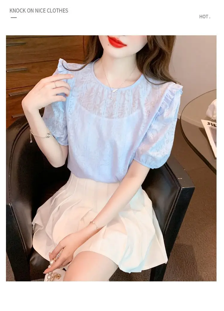 반팔 쉬폰 여성의 새로운 상의는 나이를 줄여주는 기질과 슬림한 레이스 셔츠