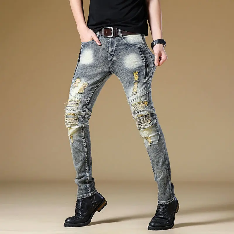 

Men’s Light Luxury Street Fashion Moto&Biker Jeans,Wear-proof Retro Style Ripped Jeans Pants ,Slim-fit Trendy Casual Jeans;