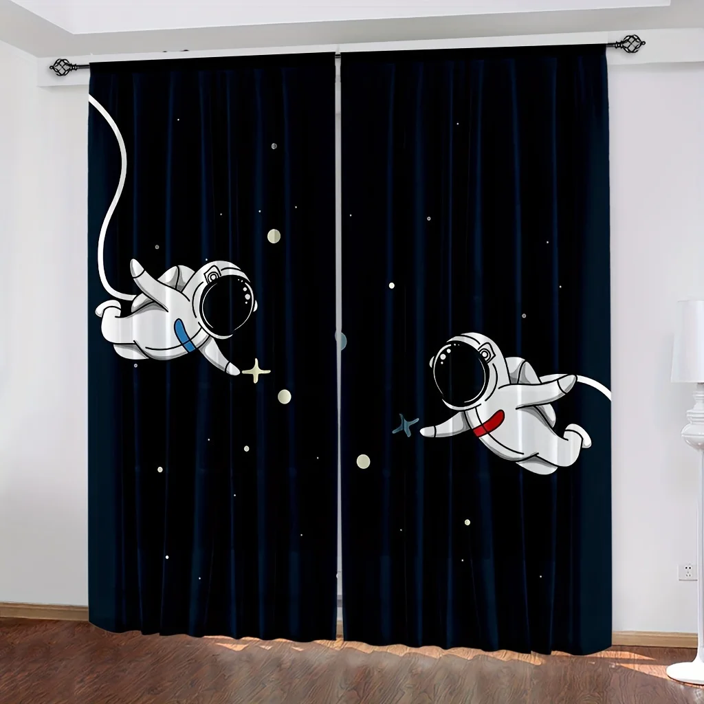 2PCS Astronaut Space Astronaut Window Curtains Cartoon Characters Cosmic Planet Adventure Rod Pocket Window Drapes. 2