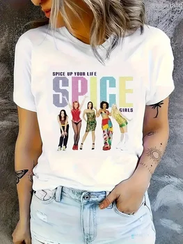 Retro Playful Design White Spice Graphic T-Shirt for Women - 90s Crew Neck Sleeve with Colorful Cartoon Print Aesthetic Clothes 1