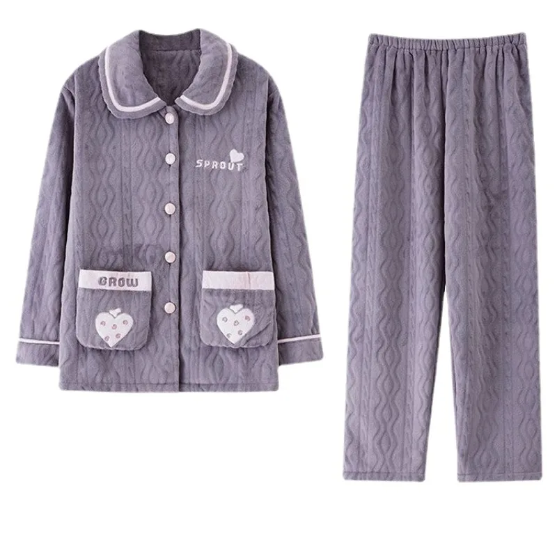 2024 New Autumn Winter Flannel Thickened Pajamas Coral Velvet Fleece Warm Sleepwear Middle-Aged Mom Ladies Plus Size Loungewear