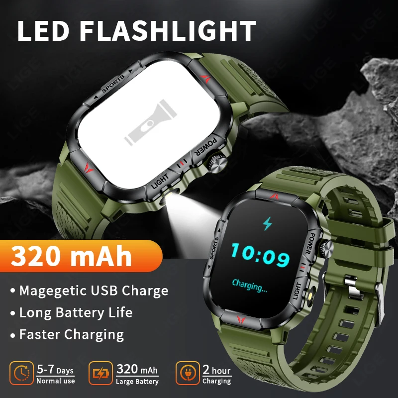 LIGE LED Flashlight Men Smart Watch Waterproof Watches 2.01-inch HD Screen Health Bracelet Military Outdoor Sport Smartwatch Man