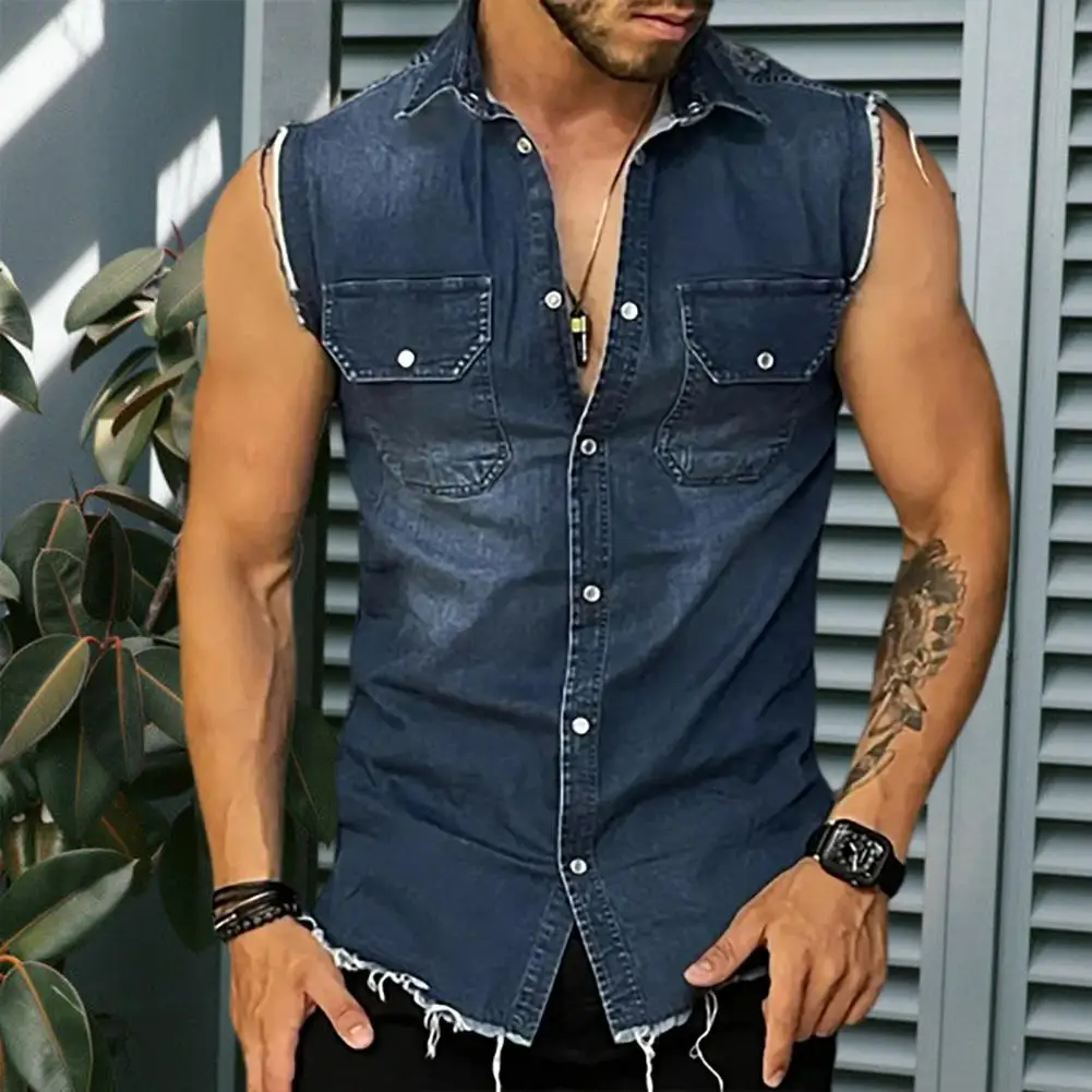 Trendy Vest Coat Sleeveless 3D Cutting Slim Fit Denim Vest Jacket  Shrink Resistant Denim Jacket Daily Clothing
