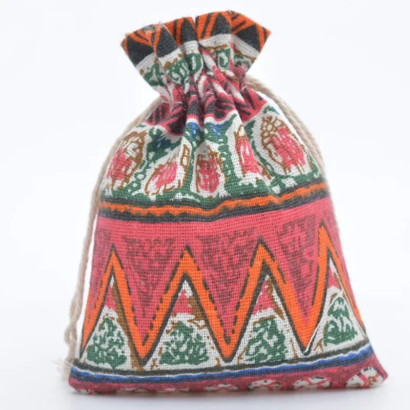 20 개/몫 10x14 13x18cm 빈티지 민족 스타일 Drawstring 파우치 포장 선물 사탕 저장 가방 여성 인쇄 보석 크리스마스 가방