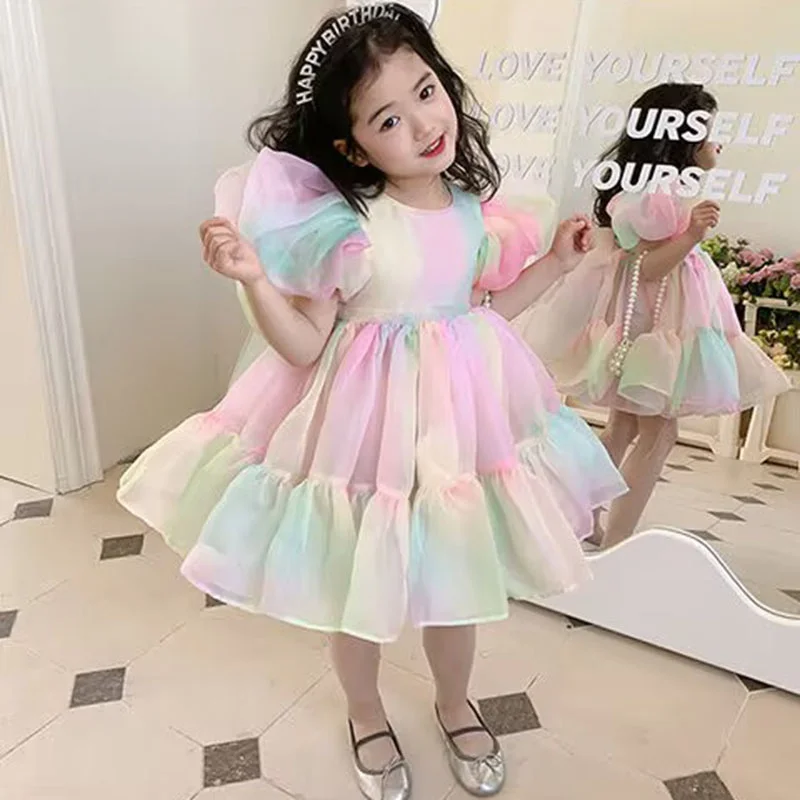 Spring Girls Dress Short Sleeve Rainbow Bowknot Princess Dresses for Girls Kids Dress Casual Children Clothing