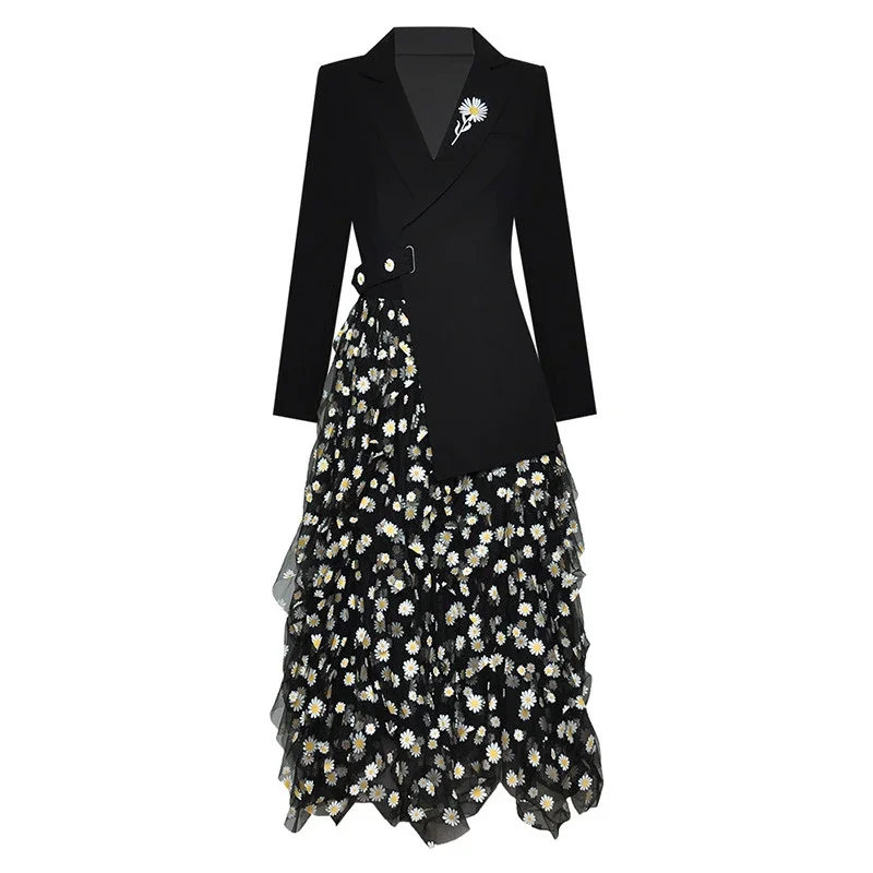 

Fashion Designer Traf 2023 Woman Autumn Winter Long Sleeve Patchwork Mesh Embroidery Vintage Balck Party Dress