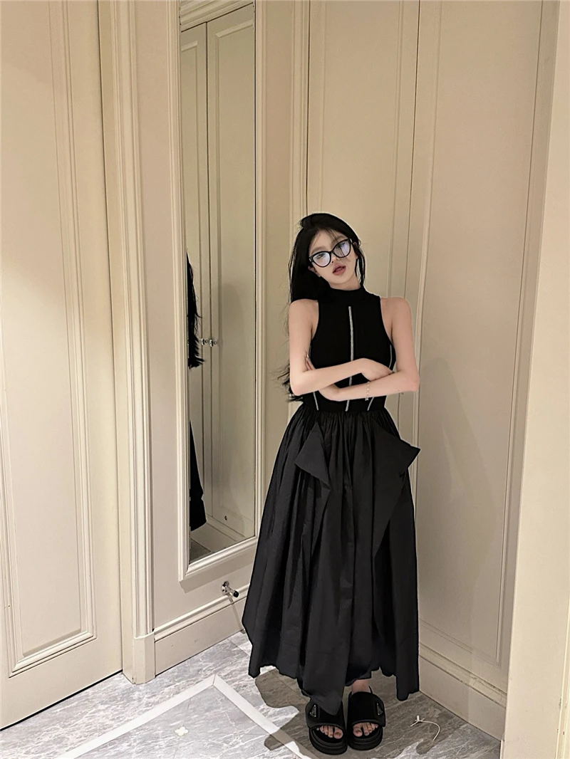 Casual Black Knitted Dresses for Women Sleeveless Vest Dress A-line Casual Korean Fashion Half High Collar Autumn New Vestido