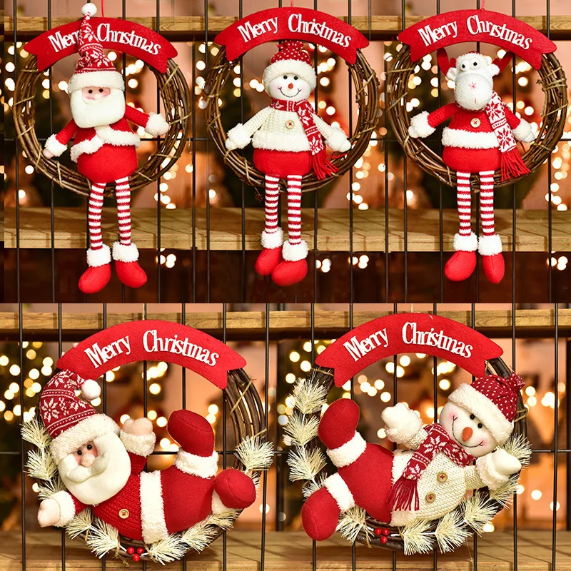 Christmas Red and White Snowman Old Man Rattan Circle Door Hanging Garland Scene Arrangement Old Man Elk Puppet Decoration