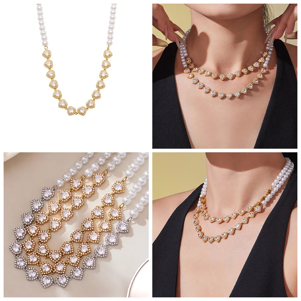 Edelstahl glänzende herzförmige Zirkon Anhänger Halskette Damen weiße Imitation Perle Perlen Kette Halsband Luxus Schmuck – Detail 2