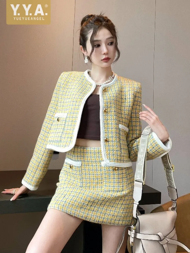 Ladies Slim Fit Plaid Tweed Jacket Mini Skirt Two Piece Set O Neck SIngle  Breasted Twill Coat Autumn New Women Party Woolen Sets - AliExpress
